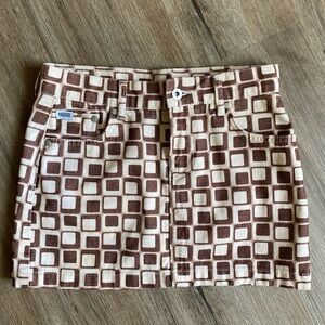 The Ragged Priest - Geometric Print Denim Mini Skirt in Brown Ivory SZ 24